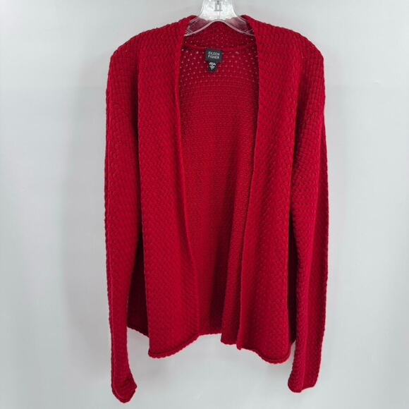 Eileen Fisher Merino Wool Open Front Cardigan Sz L Red Woven Knit - Picture 1 of 6